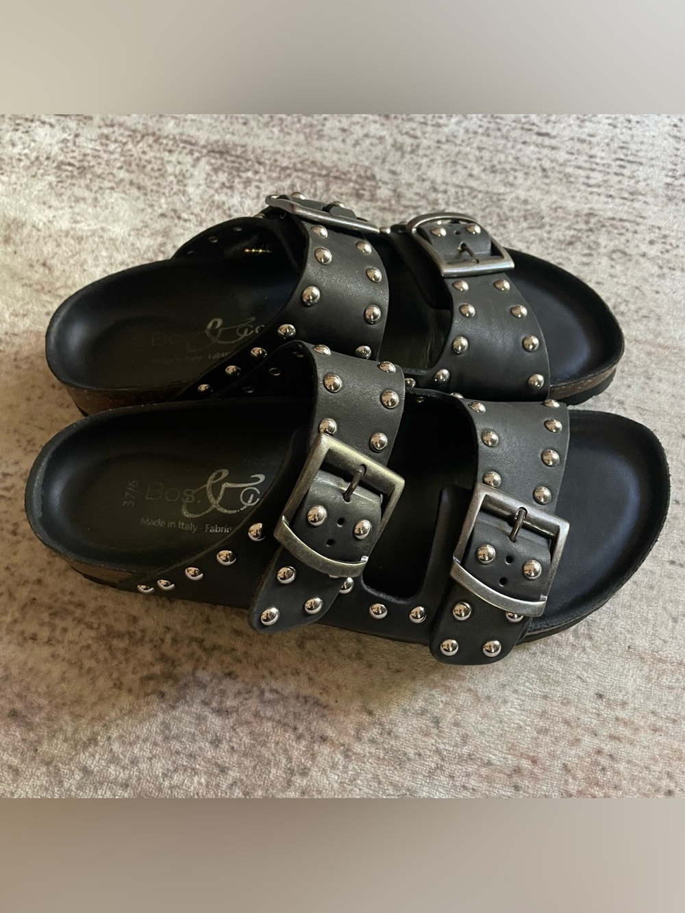 Bos&Co Studded Black leather Double-Buckle Slide Sandals